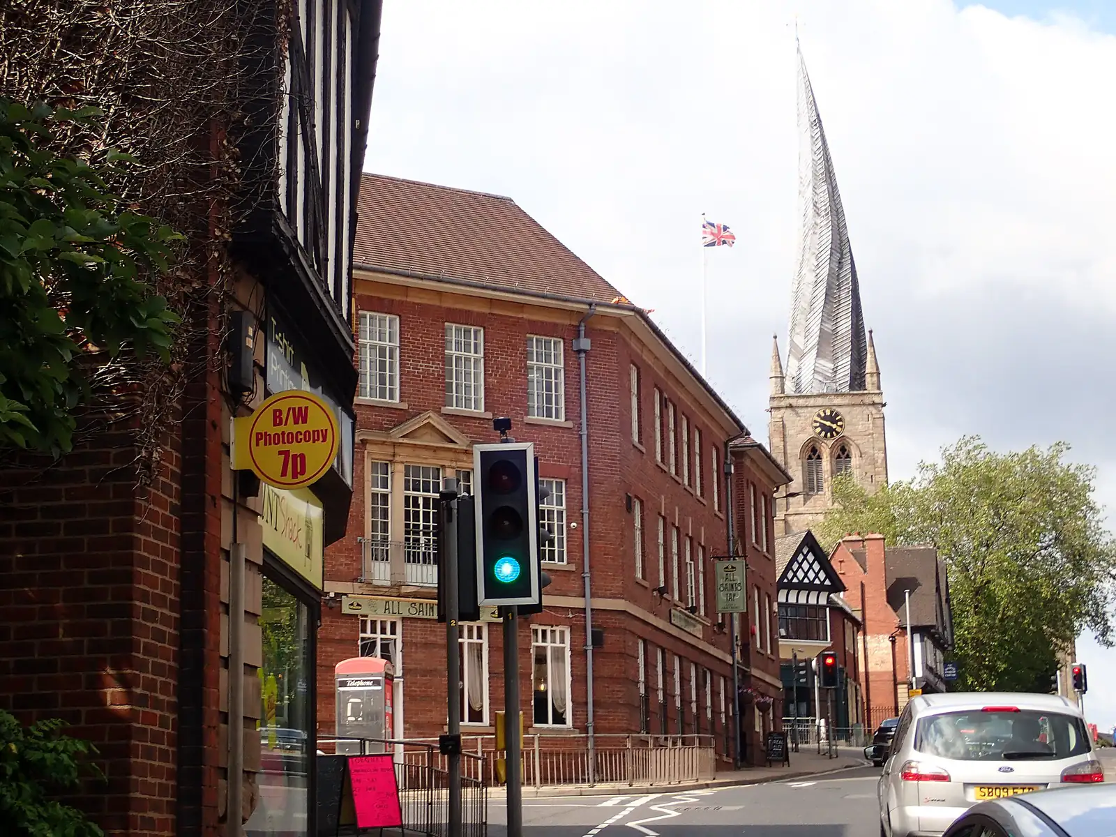 Chesterfield's crooked spire rising above the street